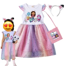 Gabby's DollHouse Baby Girls Dresses Kids Gabby Cat Clothes Cosplay Costume Children Fly Sleeve Casual Dress + Headband + Bag