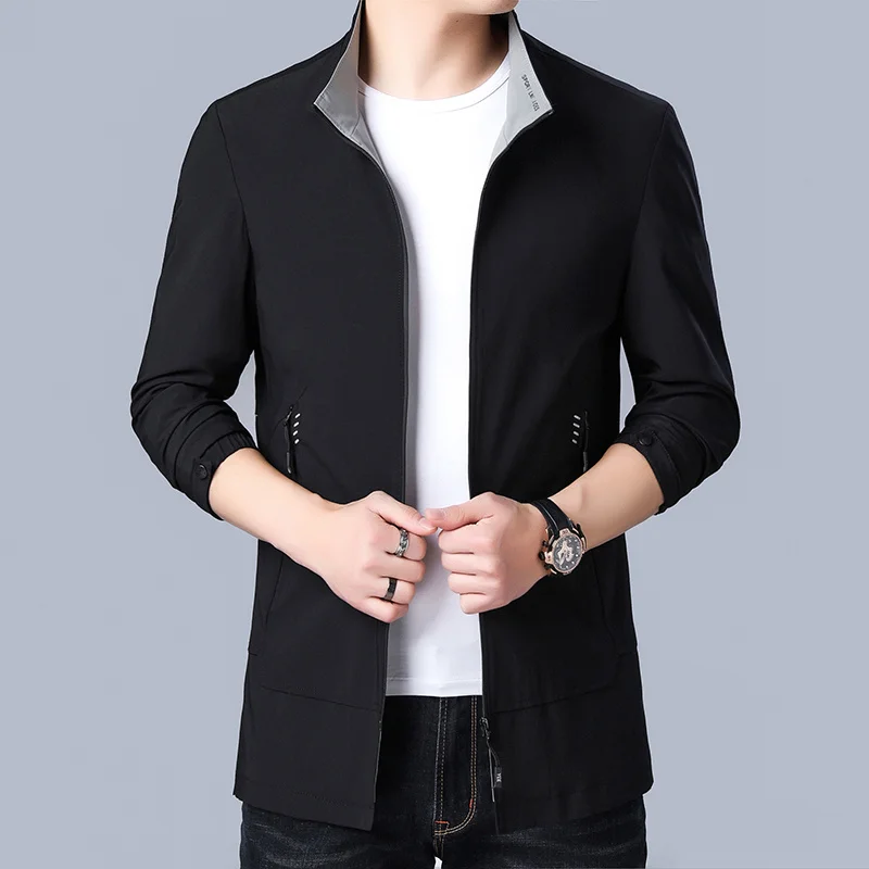 

stand Men's collar jacket spring new Korean version of medium and long jacket for young and middle-aged business casual jacket.