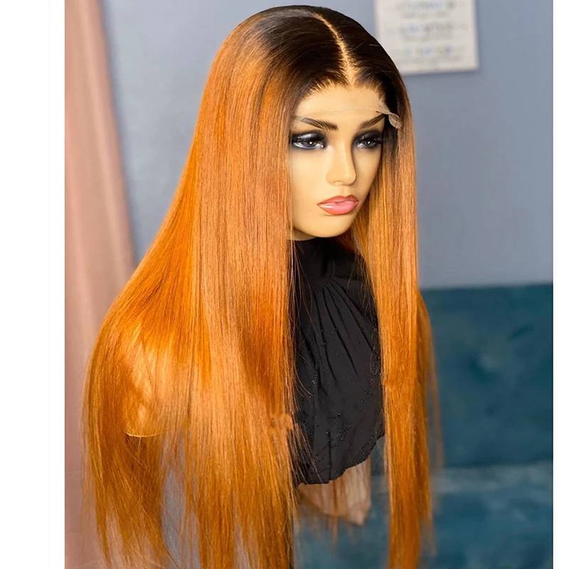 Pré-arrancadas longa seda reta peruca dianteira do laço para mulheres negras, cabelo do bebê, resistente ao calor, glueless, ombre laranja, 26in, 180% densidade