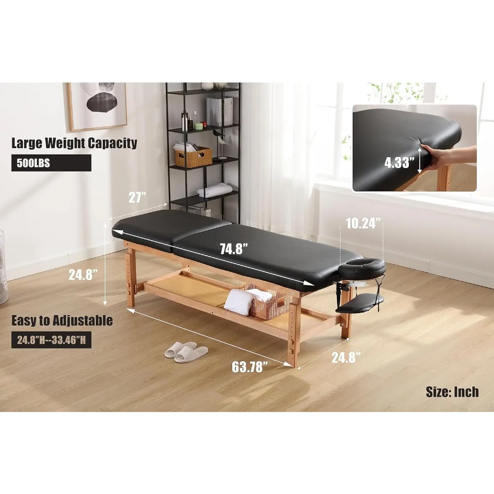 Wooden Stationary Massage Table Professional Spa Bed with PU Leather and Memory Foam Layer, Adjustable Height and Backrest Angle