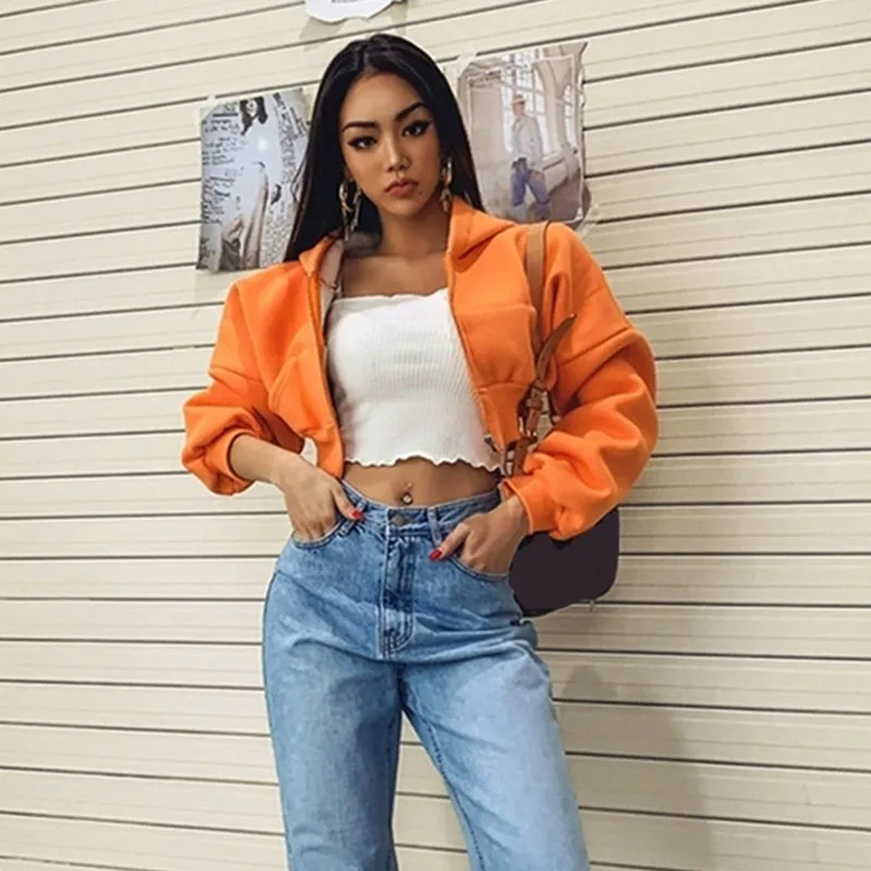 Damskie krótkie bluzy z kapturem na zamek, streetwear vintage z kieszeniami, krótkie bluzy, odzież wierzchnia, Harajuku Y2K, jednolite kurtki z kapturem.