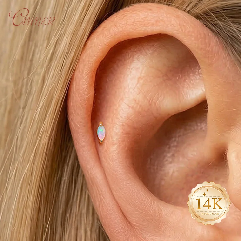 CANNER 14K Solid Gold Elegant And High-End Horse Eye Opal Diamond Studded For Women Piercing Earring Sparkling Classic