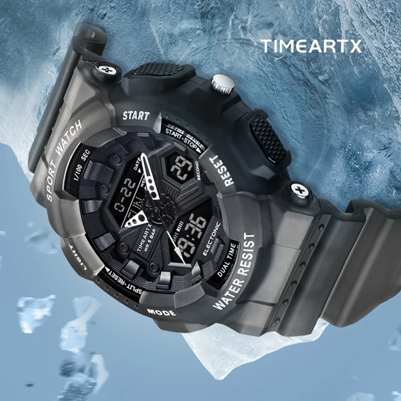 ساعة Timeartx 4370 LED الرقمية الإلكترونية المقاومة للماء، ساعة رياضية رجالية عصرية للأعمال، حزام مطاطي شفاف