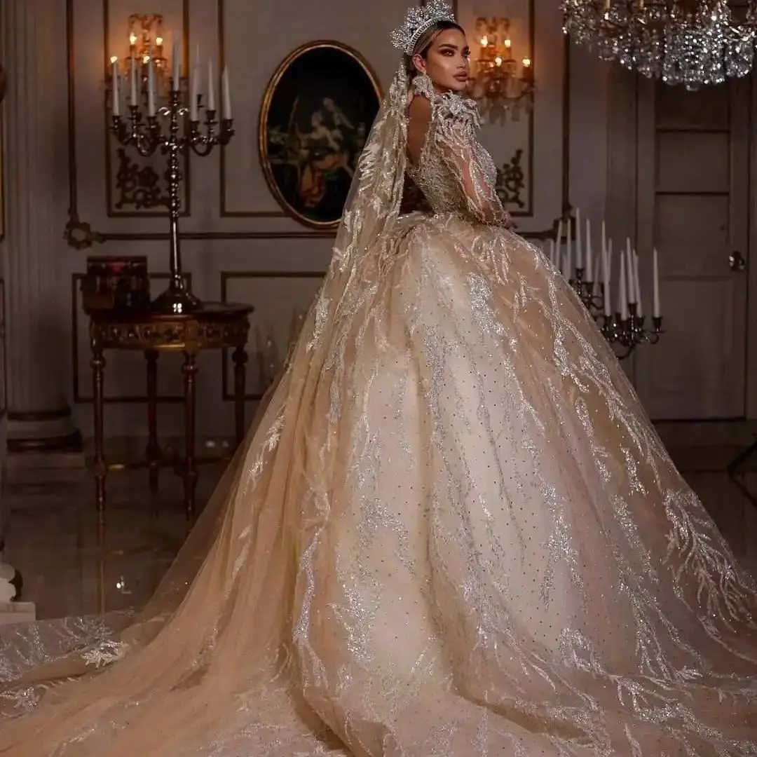 

Exquisite Ball Gown Wedding Dress V-Neck Shiny Beading Lace Long Sleeve Bridal Gown Sweep Train Vestido De Noiva Customized