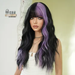 NAMM Long Wavy Black Wigs for Women Daily Use Layer Highlight Purple Synthetic Wavy Hair Wigs With Bangs High Density Wigs