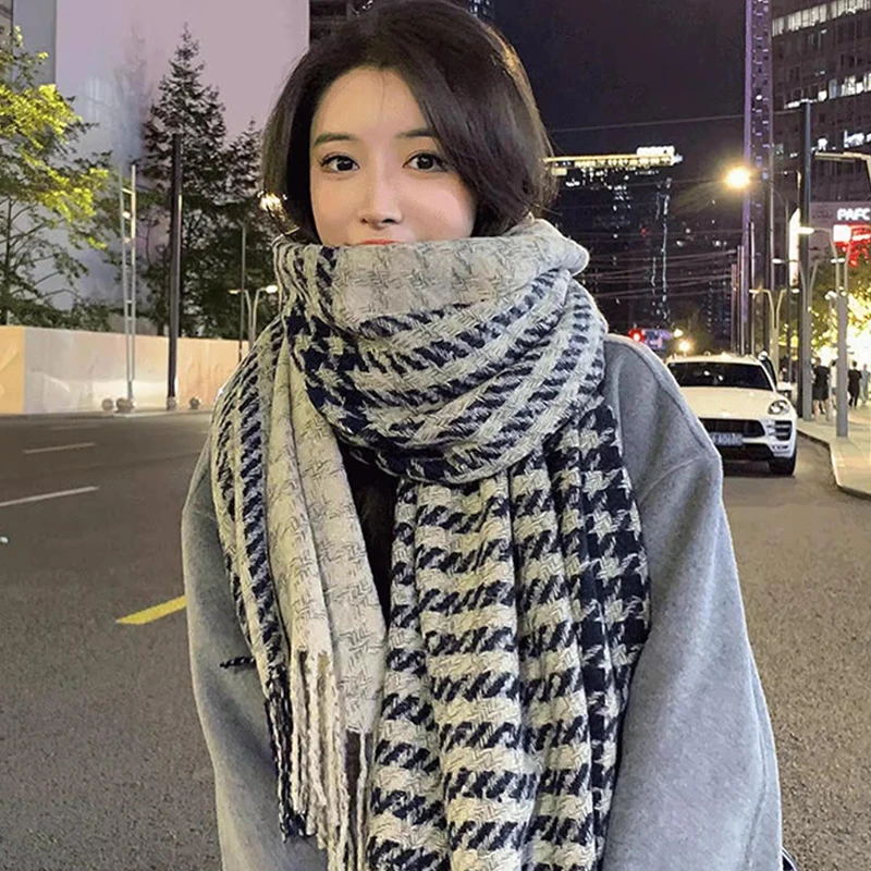 Tassel Scarf Grid Elegant Extended Widened Warm Neck Protection Scarf Version Versatile Shawl Warm Scarf Thickened Shawl Scarf