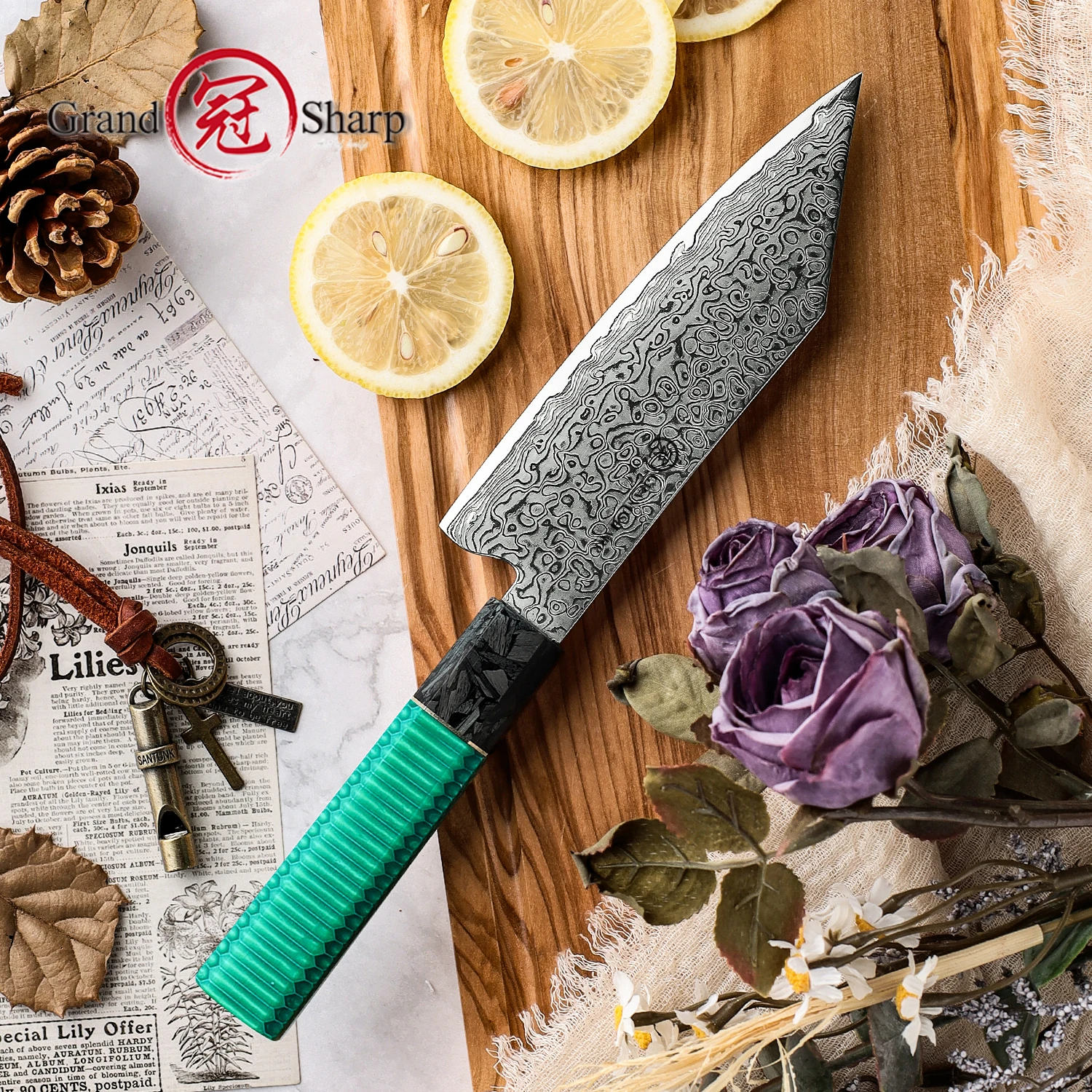 GRANDSHARP 5.5 Inch Professional Bunka Knife Damascus Steel Kitchen Kiritsuke Knives Meat Slicer Fruit Carving Cooking Tool