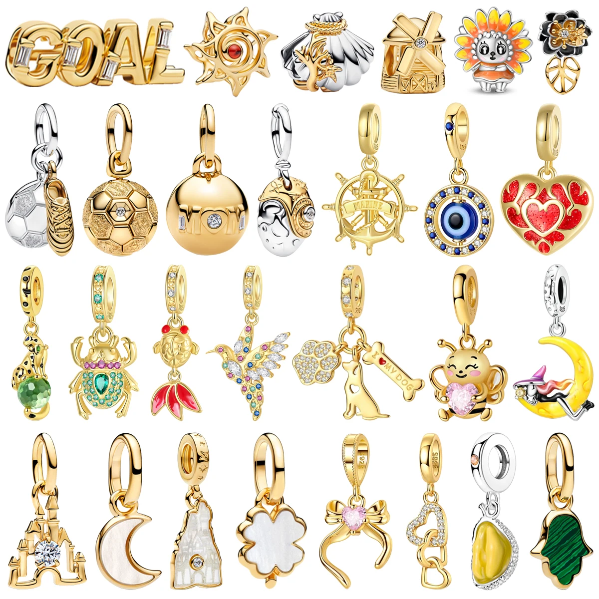 

Hot Sale 925 Sterling Silver Gold Key Disc Sunflower Football Castle Bead Pendant fit Women DIY Bracelet Necklace Jewelry Gift