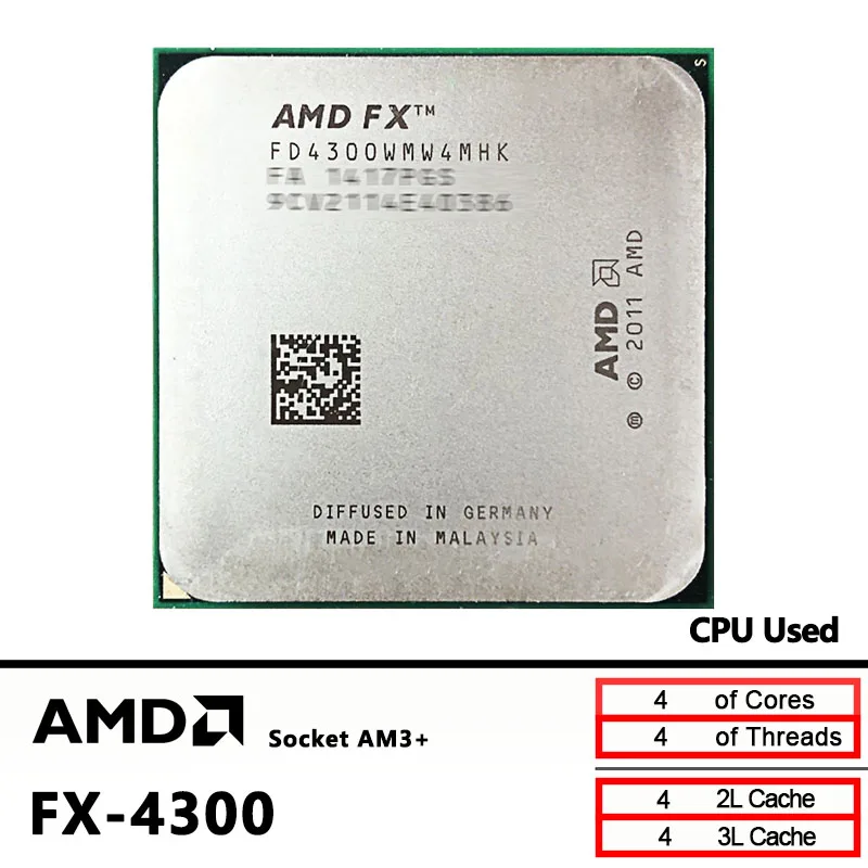 

AMD Used FX-Series FX-4300 FX 4300 3.8 GHz Quad-Core CPU FD4300WMW4MHK Socket AM3+