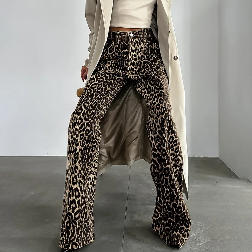 Vintage Leopard Print Loose Jeans Women Y2K Streetwear High Waisted Denim Wide Leg Pants Casual Korean Baggy Straight Trousers