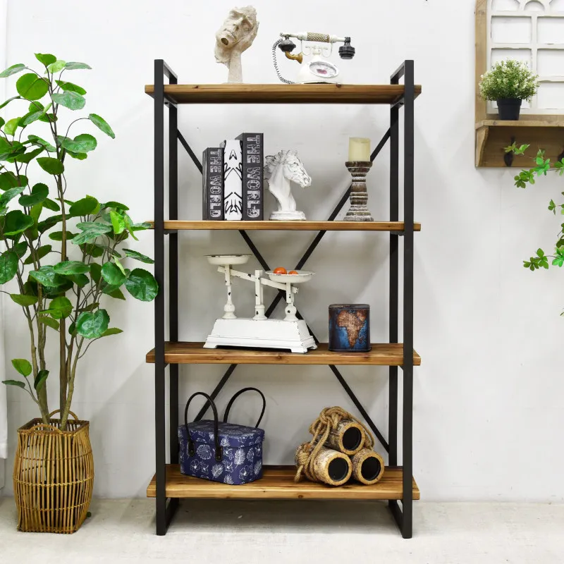 Wrought iron retro multi-layer storage rack floor to wall wooden household finishing flower storage display