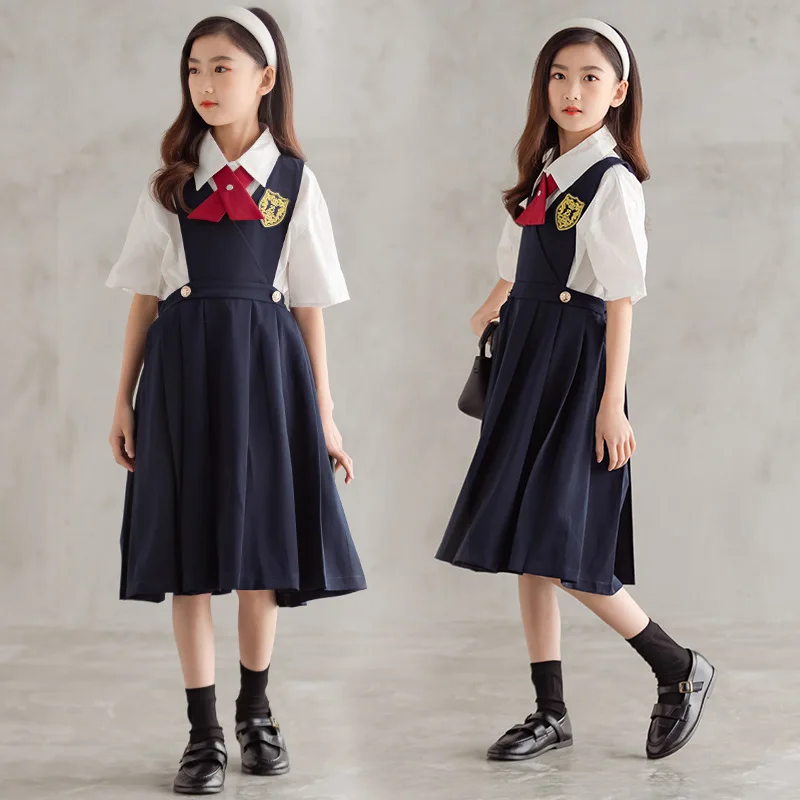 

Korean Spring Autumn Children Girl 2PCS Clothes Set Elementary Girl White Shirt+Suspender Skirt Academy Style Suit For Girls