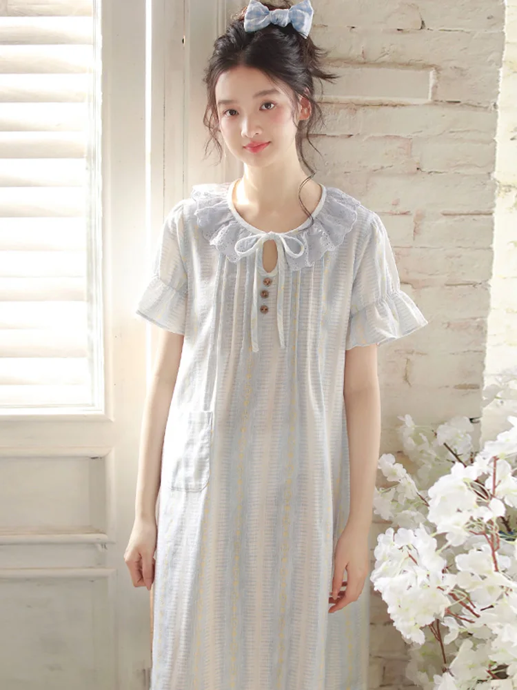 

Women's nightgown summer new sweet girl pure cotton yarn home clothes comfortable breathable short sleeved pajamas blue and pink