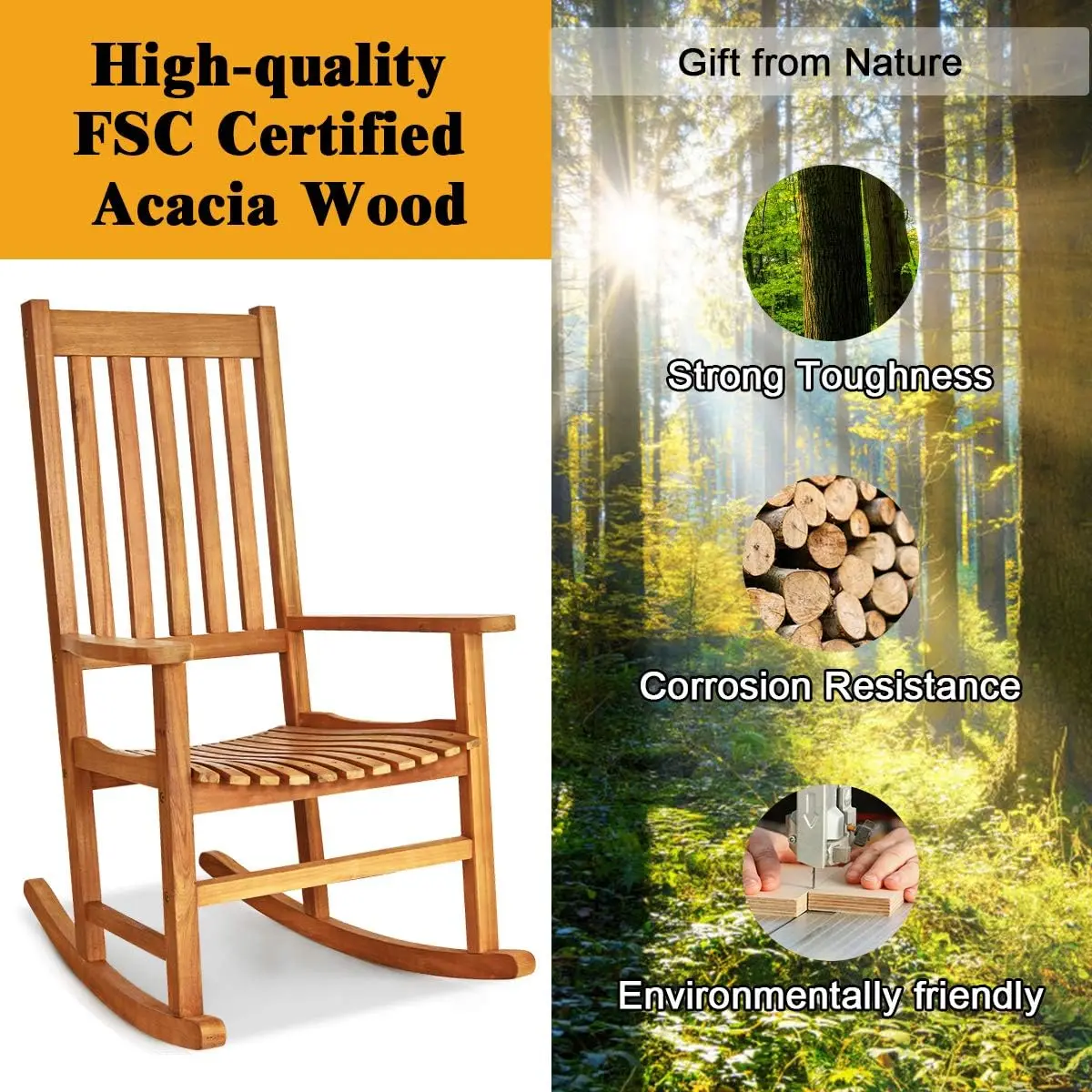 Rocking Chair Acacia Wood Frame Porch Rocker Outdoor& Indoor for Garden Lawn Balcony Backyard  (2 Natural)