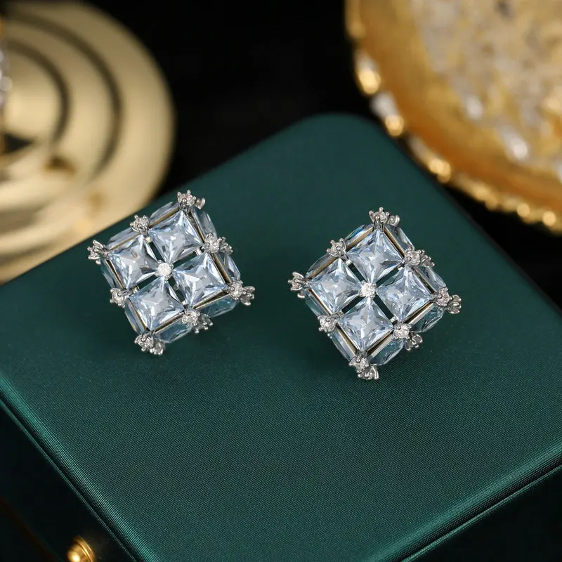 

Delicate 3D Light Blue Quadra Stone Square Stud Earrings Office Lady Dressy Jewelry