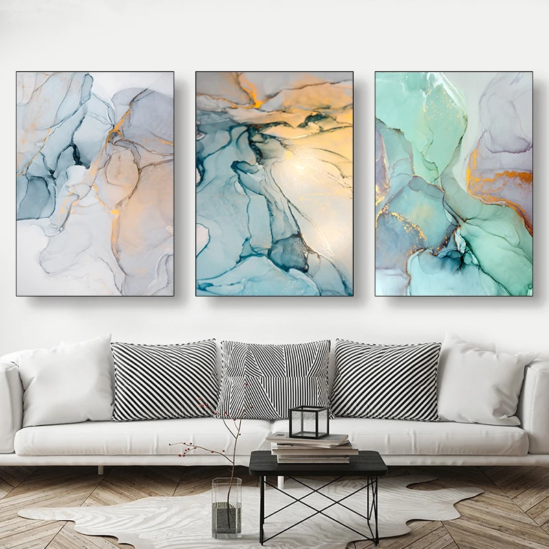 3PCS frameless decorative art print,3Pcs/Set Fashion Simple Blue Ink Marble Canvas Art Picture Wall Chinese Style Smudging Li