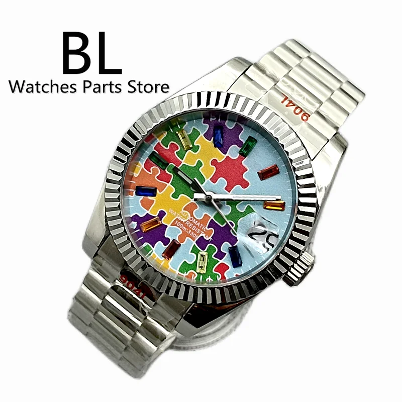 BLIGER 36mm/39mm Automatic Watch For Men NH35A Movement Silver Case Sky Blue Puzzle Dial Date Sapphire Glass Bracelet