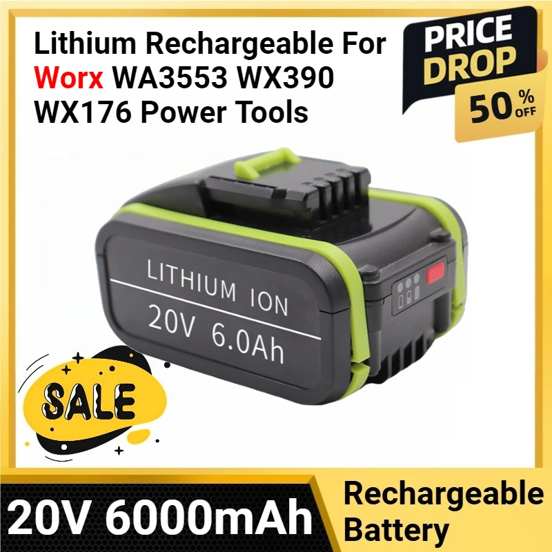 

20V 6000mAh Replacement Battery WA3551 Lithium Rechargeable For Worx WA3553 WX390 WX176 Power Tools
