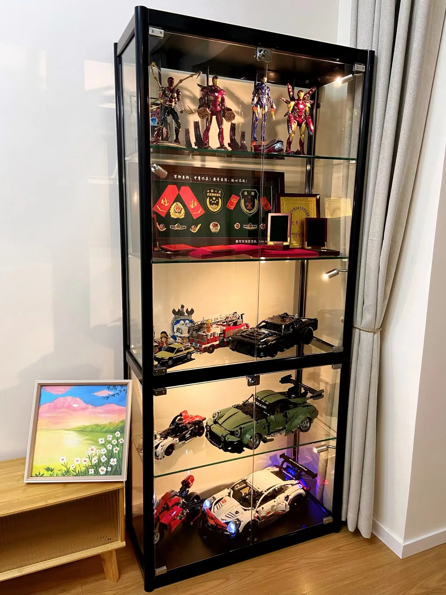 Hot sale stackable car model display lego toy lockable cabinet display toy model display rack with light-emitting diode light