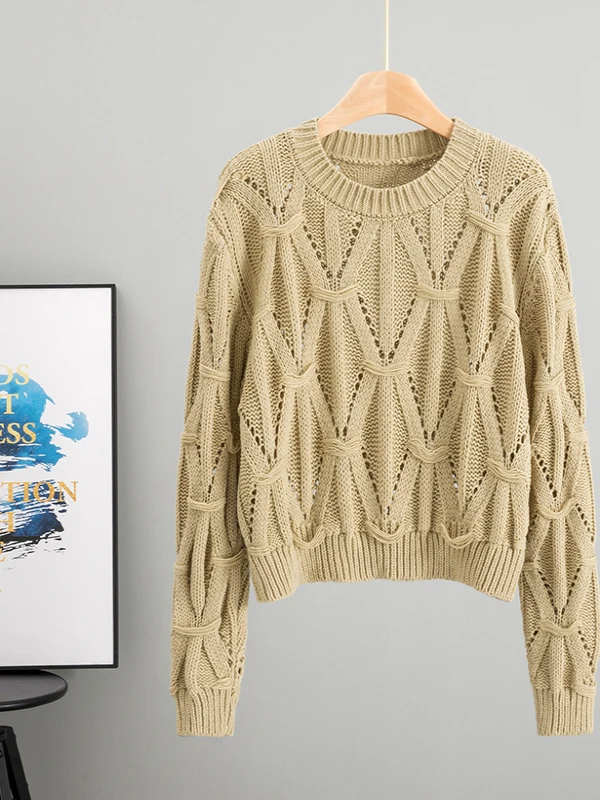 Damski sweter z dzianiny, nowość na jesień 2025, okrągły dekolt, długi rękaw, casualowy, dopasowany krój, ażurowy wzór, styl do pracy.