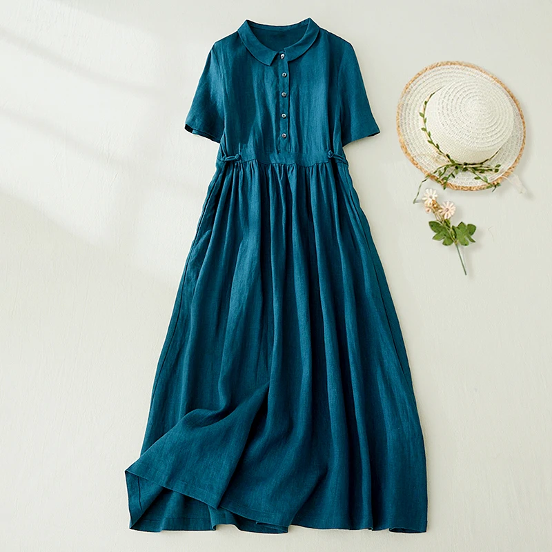 Cotton Linen Shirt Dress Summer Design Sensible Small Series Belt Anti-Aging Large Swing Dress Long Skirt A-Line Silhouette