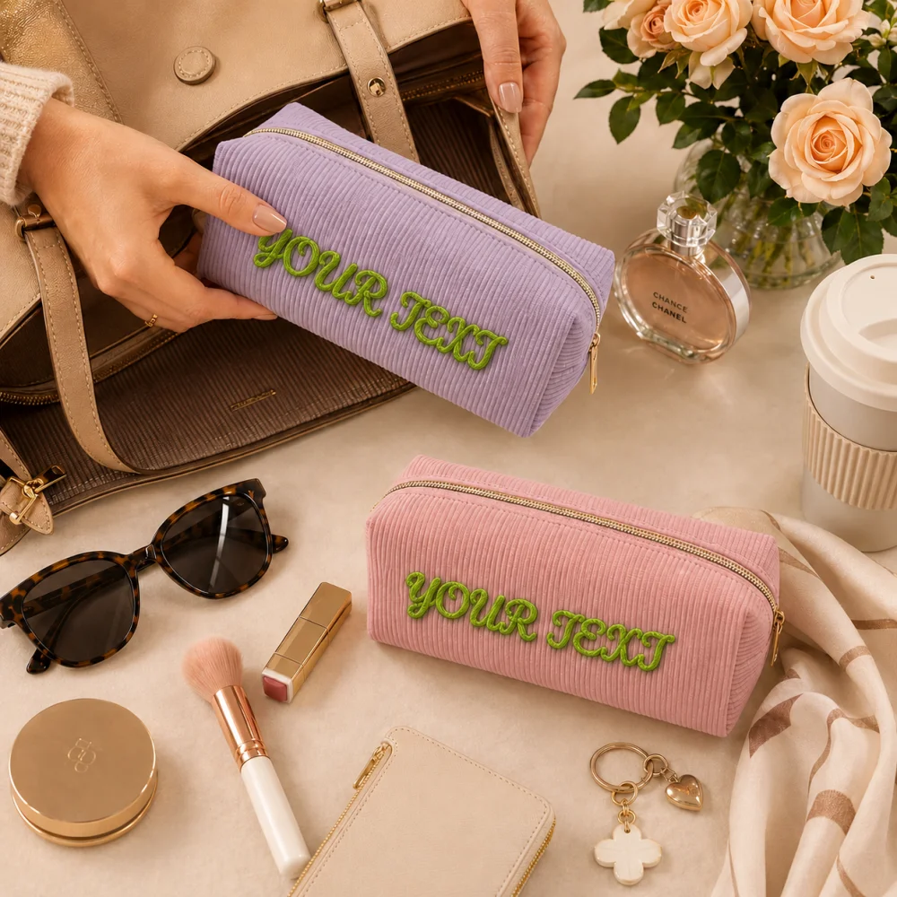 Personalized Rope Embroidered Name Corduroy Cosmetic Bag Custom Name Zipper Makeup Pouch Bridesmaid Bachelorette Wedding Gift
