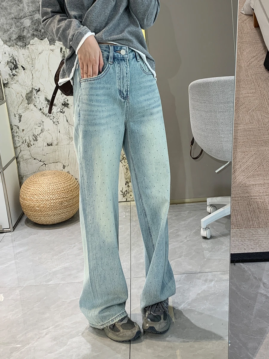 

Spring New Women's High Waist Slim Straight Jeans Light Blue Cotton Stretch Denim Sequin Embellied Wide Leg Pants