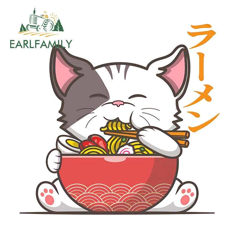 EARLFAMILY Kitten Eating Noodles Fine Decal Waterproof Anime Japanese Cartoon Car Accessories Custom Printing Toolbox Decor