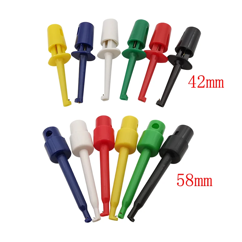 10 sztuk Mini pojedynczy hak sonda testowa klip chwytak klipsy do testowania elektronicznego DIY 42mm/58mm czerwony biały niebieski zielony czarny żółty