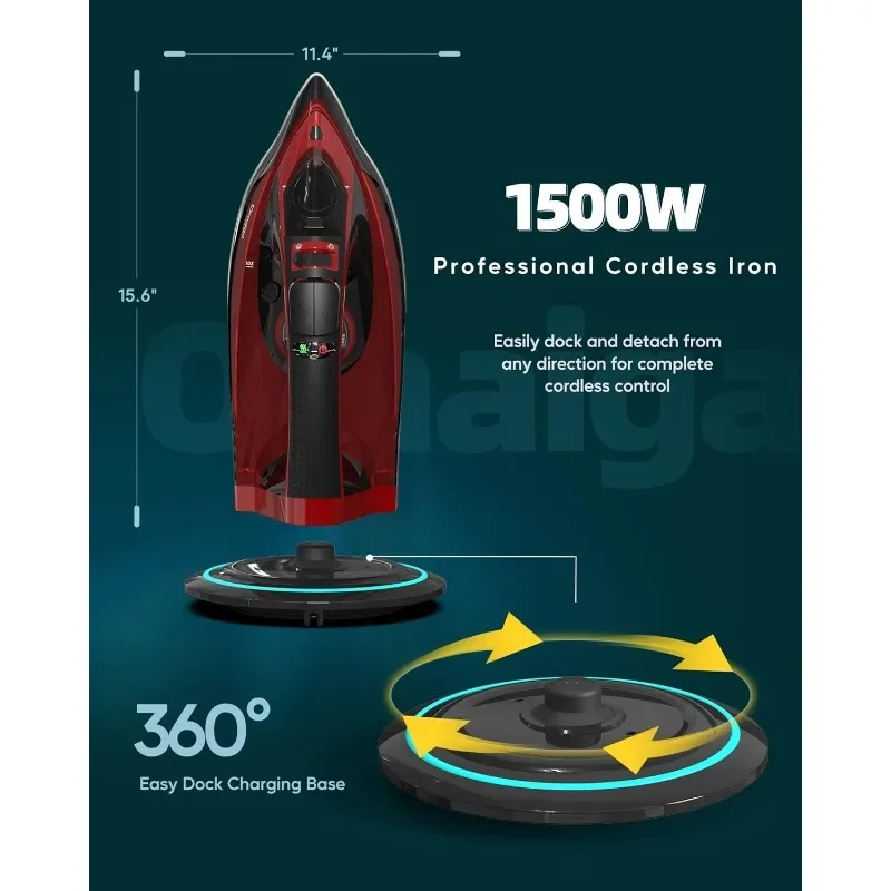 OMAIGA Cordless Iron, 1500W Cordless Iron with Steam with 11.84ozs Water Tank, Anti Drip Iron Cordless with Ceramic Soleplate