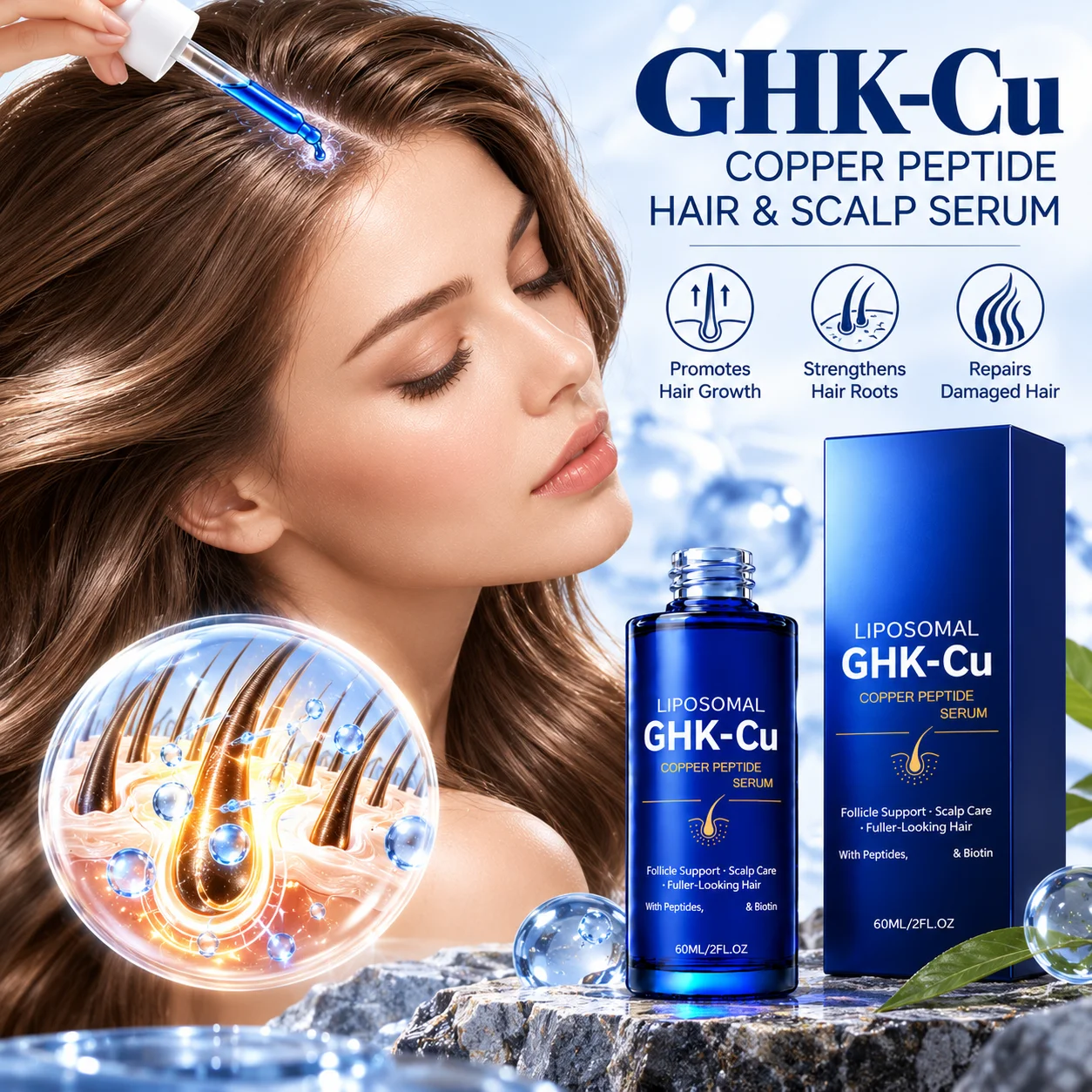GHK-Cu Copper Peptide Hair & Scalp Care Serum 60ml Hair Growth Support Root Strengthen Nourishing Damaged Hair Repair Care
