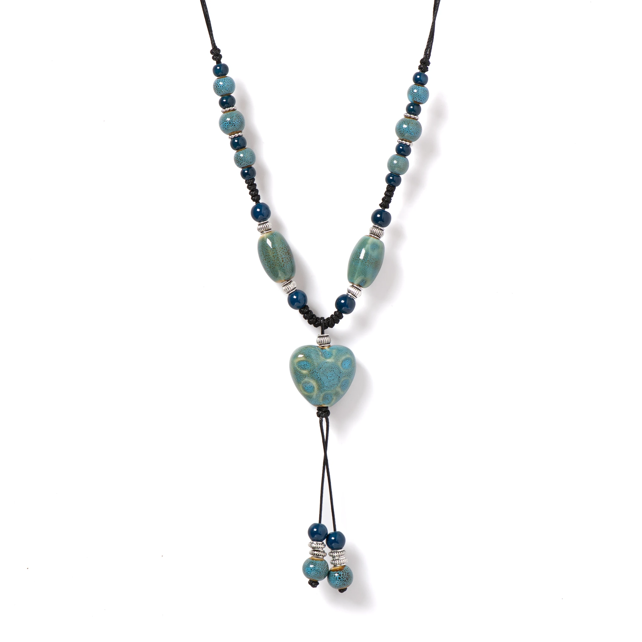 Blue Heart Ceramic Necklace Handmade Pendant Boho Adjustable Long Necklace for Women 111