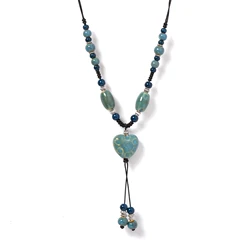 Blue Heart Ceramic Necklace Handmade Pendant Boho Adjustable Long Necklace for Women 111
