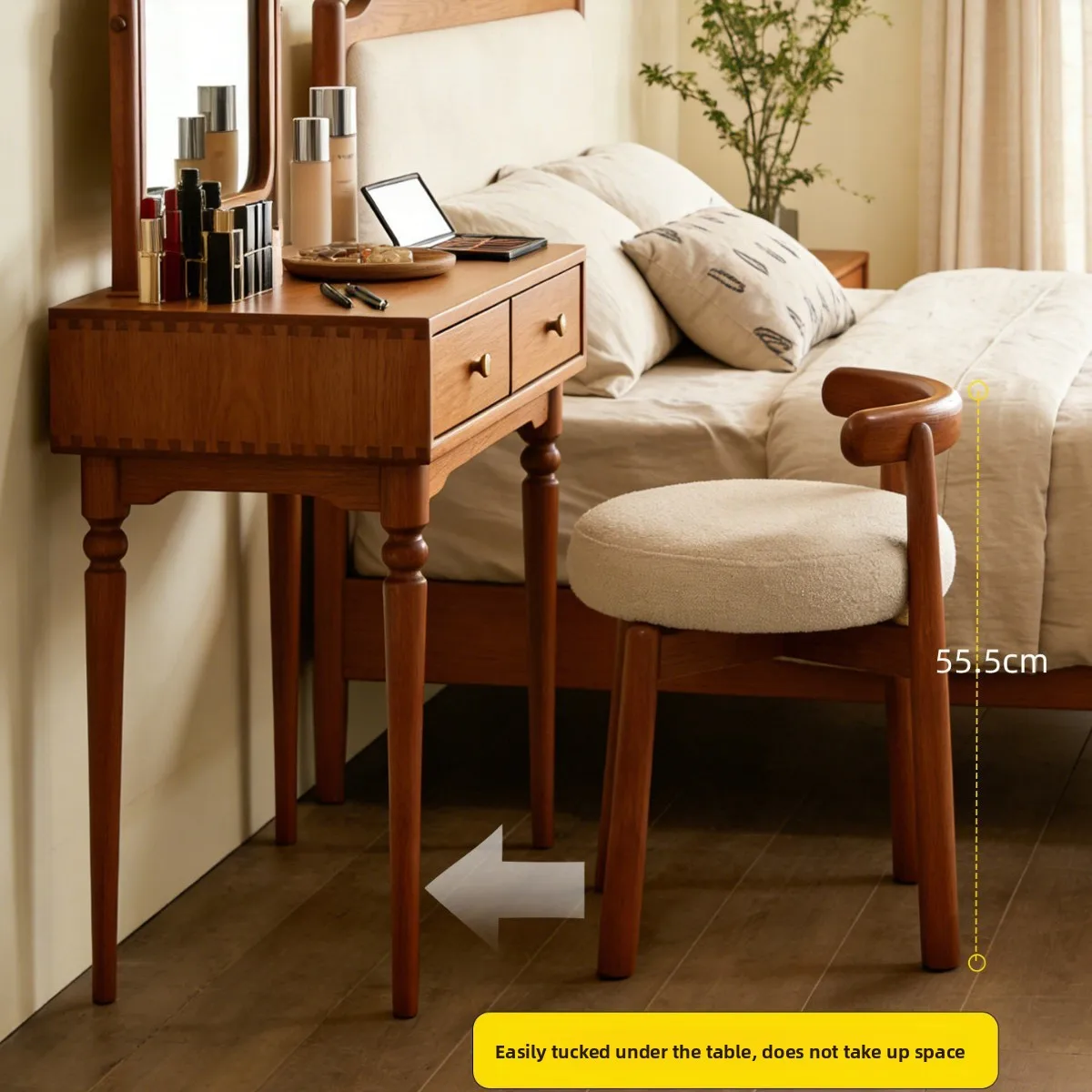Simple solid wood rotating dressing stool, solid wood leisure dining chair, light luxury dressing chair, soft bag antique chair view 3