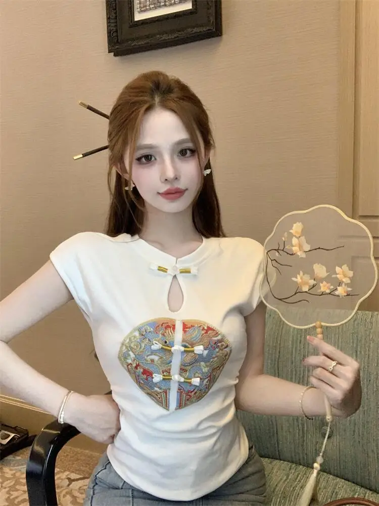 

Summer Embroidered Short Sleeve T-Shirt Women's Slim Fit Button up Top Hollow out Stylish Chinese Style Fashionable Casual Wear