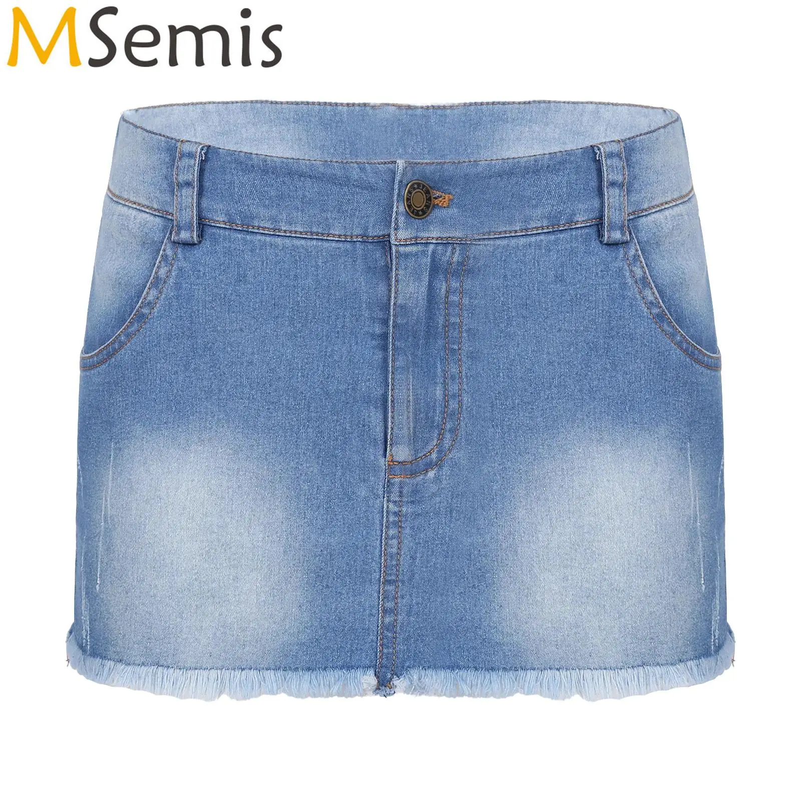 

Womens Casual Zipper Fly Pockets Slim Fit Miniskirt Ladies Fashion Frayed Hem Denim Mini Skirt Clubwear