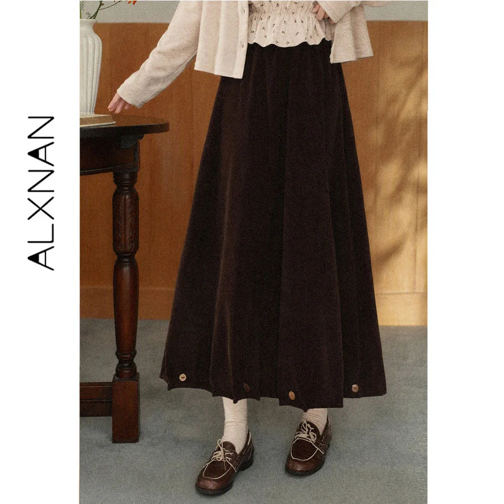ALXNAN Vintage Style Brown Midi Skirt Women 2026 Autumn Petite High Waist Long Bloom Skirt Elegant Female Clothing L68177A
