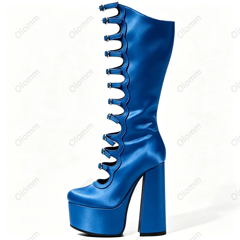Olomm Women Satin Knee High Boots Round Toe Cutout Lace Up Chunky Heels Platform Boots Sexy Nightclub Party Dress Shoes Big Size