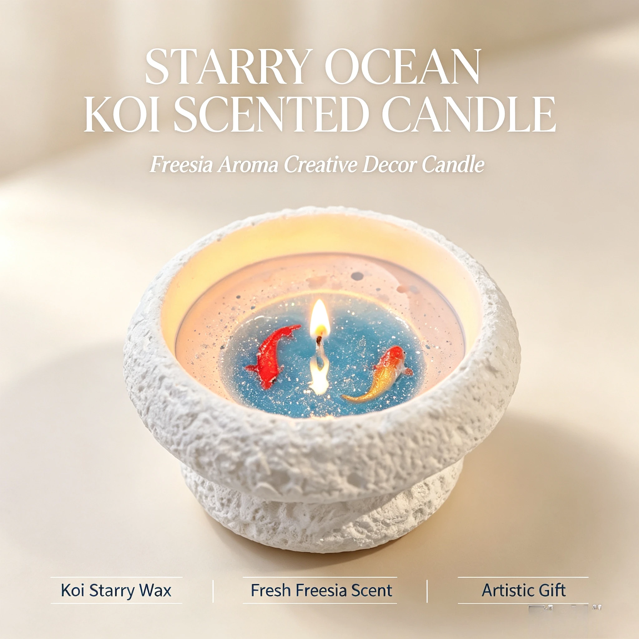 xmsj 3D Koi Fish Starry Ocean Scented Candle Freesia Aroma 4-12h Burning Solid Wax Rough White Gypsum Cup Creative Home Decor