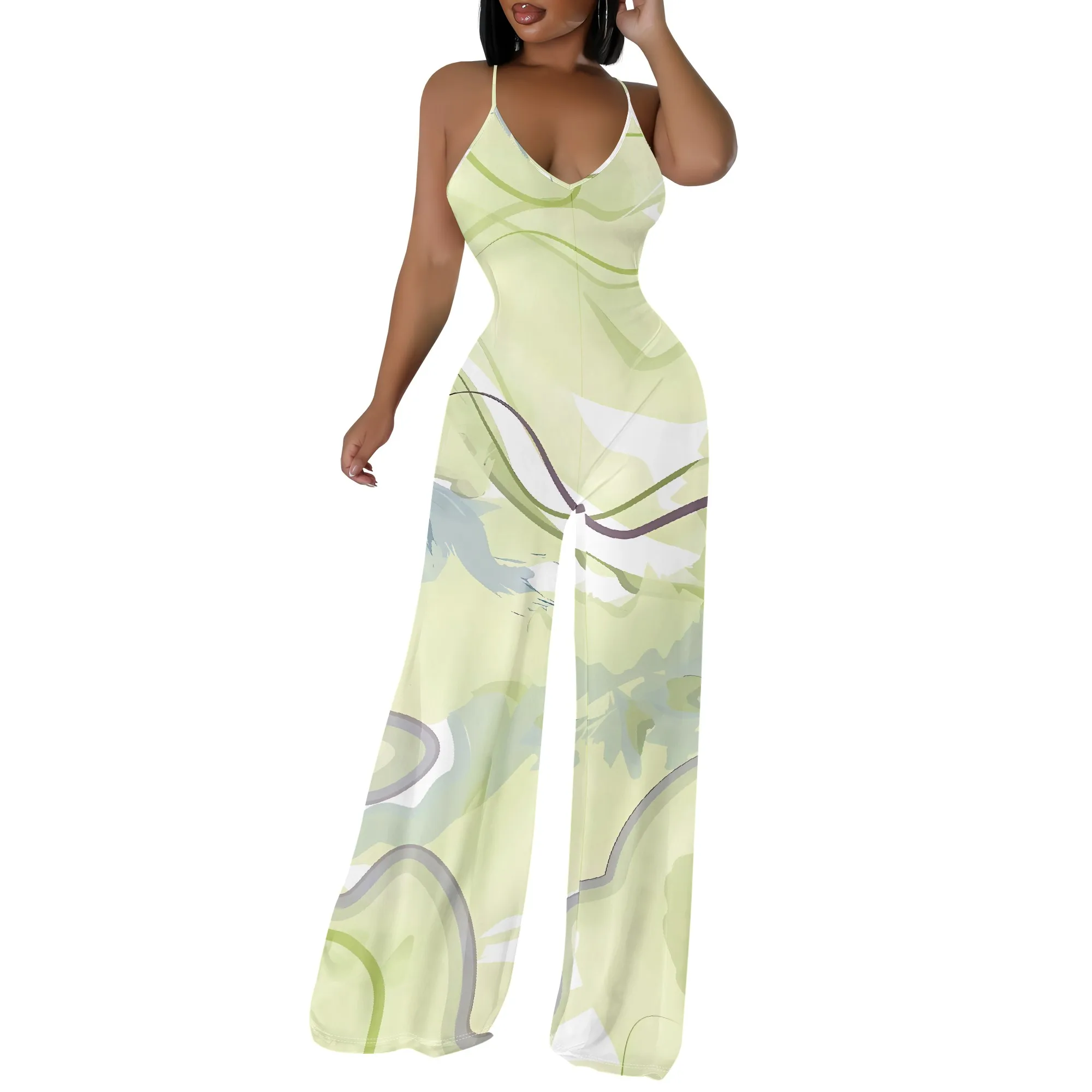 Nupusa Combinaison imprimée abstraite pour femme, tenue d'été décontractée, bretelles spaghetti, jambe large