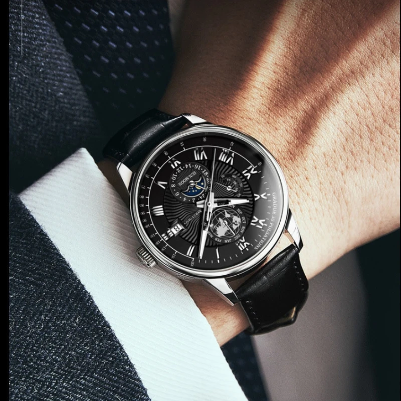 Orologio da uomo al quarzo di lusso da lavoro, movimento automatico, quadrante rotondo ultra sottile, cinturino in pelle, orologi, macchinari, orologio sportivo da uomo