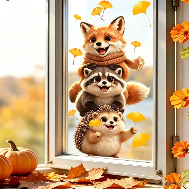 Cute Stacked Animals Static Window Clings, Healing Fox Raccoon Hedgehog Static Stickers, Bedroom Decorative Window Decals