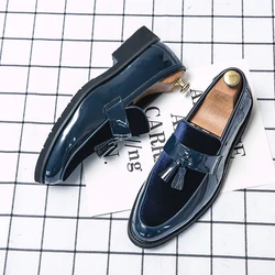 Men Leather Shoes Casual Shoes Men Tassel Flat Shoes Fashion Blue Formal Shoes Slip-On Oxfords Shoes Luxury Patent Leather Shoes