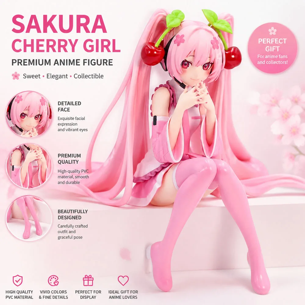 Hatsune Miku Anime Character Sitting Pink Dress PVC Dynamic Doll Model Toy Cherry Flower Decoration Handmade Collection Gift image 3