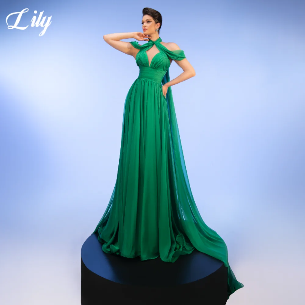 

Lily Green Stage Prom Gown Halter Sweetheart Backless Prom Dresses Chiffon Beach Chic Evening Dresses robes de soirée Customized