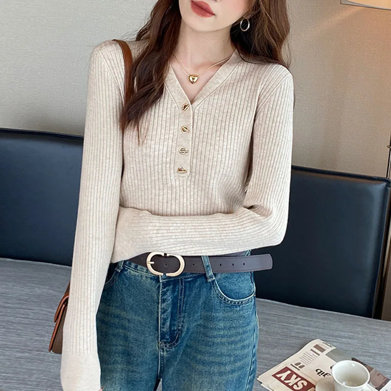 Suéteres de punto de manga larga a la moda, jerséis para mujer, ropa para mujer, suéter de punto negro con cuello en V, Jersey, Tops para mujer Q1192