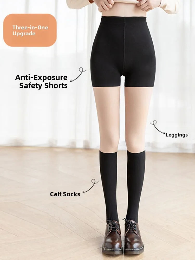 Three-In-One Safety Pants Women's Fleece-Lined Leggings JK Miniature Stockings Autumn Winter Anti-Light Leggings