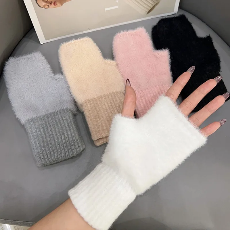 Soft Plush Half Fingered Gloves Women Men Winter Warm Stretch Furry Mittens Solid Color Arm Sleeve Fingerless Gloves Hand Warmer