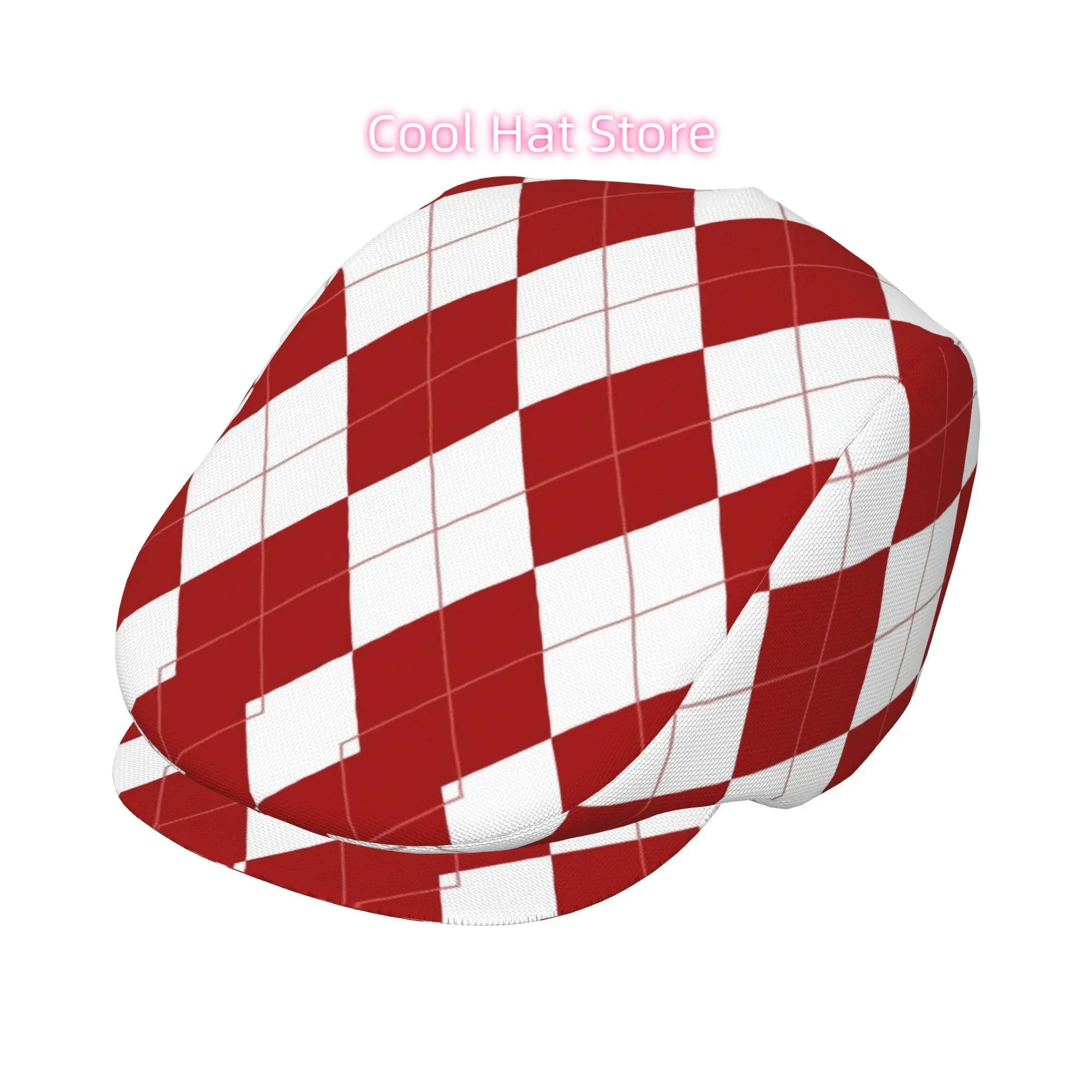 Red White Argyle Stylish Retro Newsboy Cap, Unisex Beret, British Avant-garde Cap, Adjustable Solar Protection, Classic Casual N