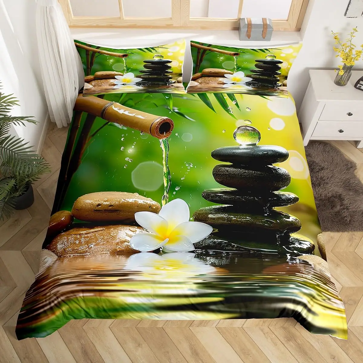 Zen Stones Duvet Cover Green Bamboo Fountain Bedding Set,Twin King,Spa Still Life Comforter Cover Natural Meditation Quilt Cover
